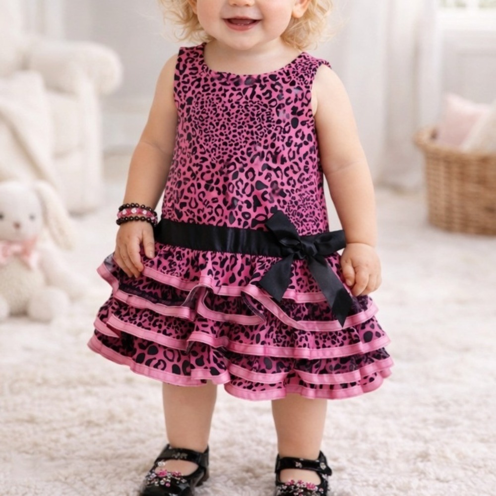 NEW Size 24 Months Nanette‎ Girls Dress Leopard Print Pink Black 80s Retro Vibe